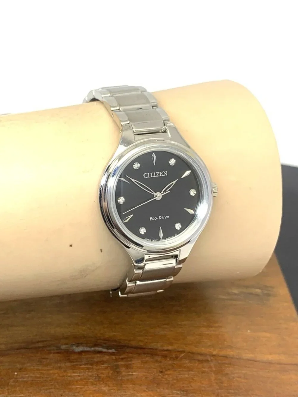 Citizen Womens Watch FE2100-51E Eco Drive Diamond Accent Black Dial Silver Steel